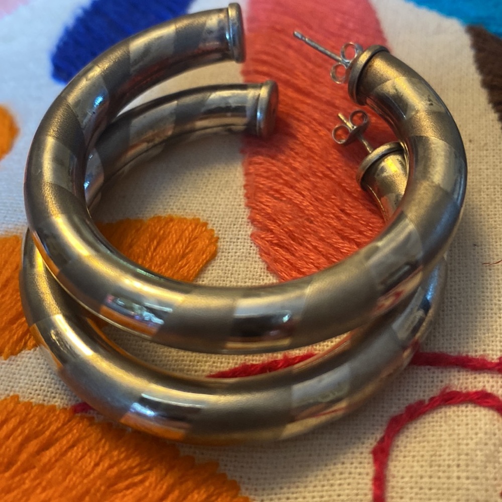 Vintage Sterling Silver Large Satin Striped Hoop Earrings. 2” diameter
